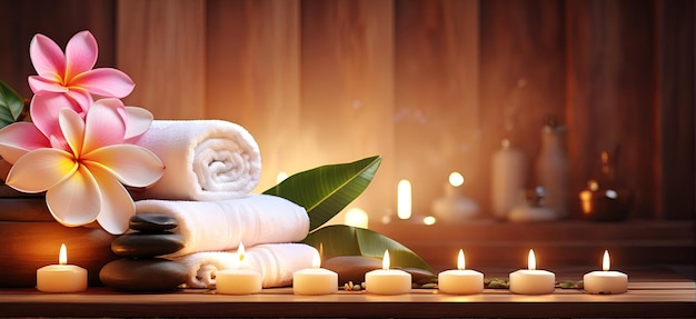 Leczenie spa, aromaterapia świecami, kamienie i kwiaty dla relaksu i dobrego samopoczucia