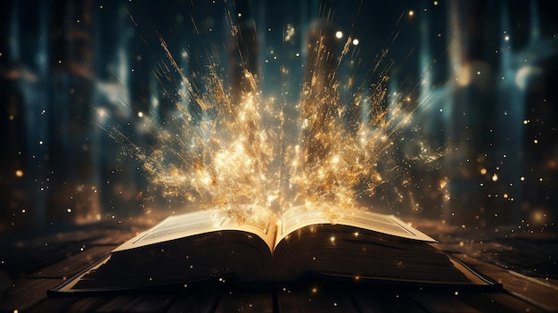 Zdjęcie legendarna książka magiczna lub biblia otwierająca się latającymi wróżkami