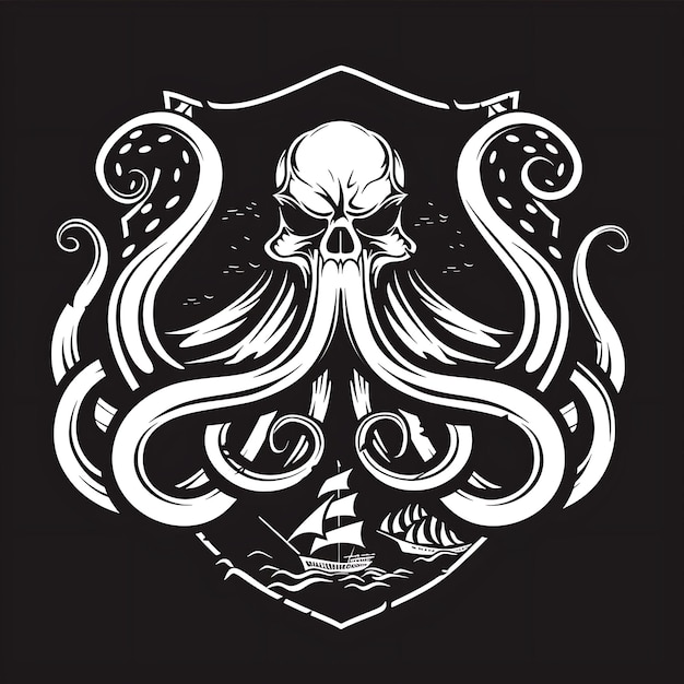 Legendarny znak klanu Kraken z mackami Kraken i statkiem Fo Kreatywny projekt logo tatuażowy
