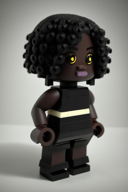 Zdjęcie lego figurka kobiety o czarnych włosach i żółtych oczach generatywne ai