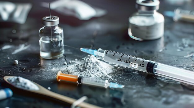 Zdjęcie lek w strzykawce z białym proszkiem proszek heroiny w łyżce i małych workach i tabletkach