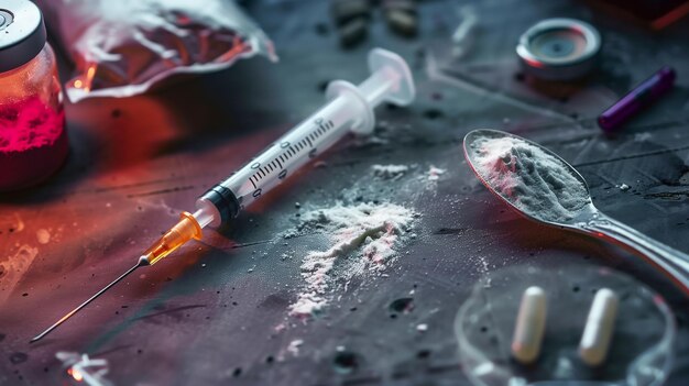 Zdjęcie lek w strzykawce z białym proszkiem proszek heroiny w łyżce i małych workach i tabletkach