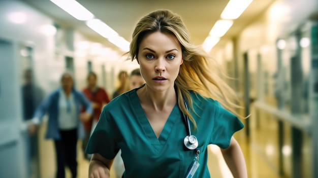 Zdjęcie lekarka biegająca nerwowo po szpitalnym korytarzu