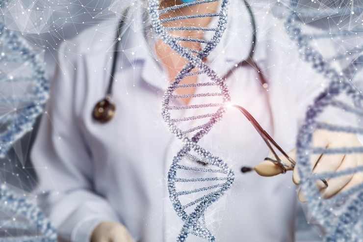 Zdjęcie lekarz bada cząsteczkę dna zaciskiem na rozmytym tle