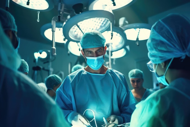Lekarz chirurg z zespołem lekarzy pracujących na sali operacyjnej