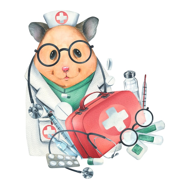 Lekarz chomika w okularach szlafroka ze stetoskopem, walizką i instrumentami medycznymi
