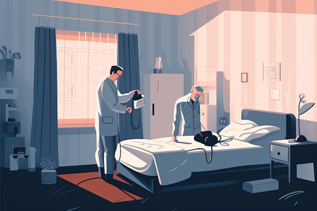 Lekarz i pacjent w ilustracji sali szpitalnej w płaski