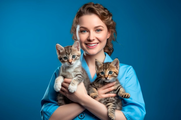 Lekarz kobieta weterynarz w garniturze medycznym trzymający dwa szczęśliwe kociaki w ramionach