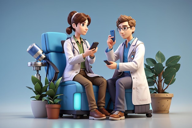 Lekarz komunikuje się z pacjentem za pośrednictwem ilustracji postaci 3D na telefonie komórkowym