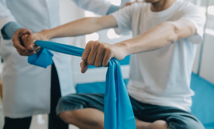 Zdjęcie lekarz lub fizjoterapeuta bada ból pleców i obszar kręgosłupa, aby udzielić porady w centrum rehabilitacji
