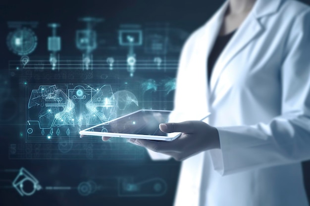 Lekarz medycyny i stetoskop w dłoni dotykając ikony połączenia sieci medycznej z nowoczesnym interfejsem ekranu wirtualnego koncepcja sieci technologii medycznej generuje ai