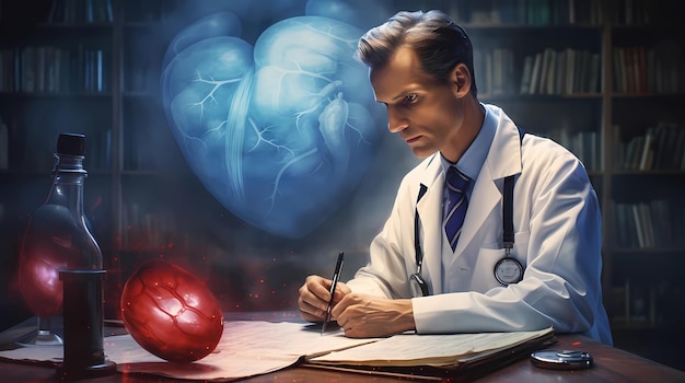 Lekarz piszący receptę w swoim biurze Koncepcja medycyny i opieki zdrowotnej