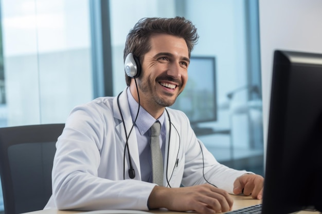 Lekarz płci męskiej uśmiecha się podczas konsultacji wideo