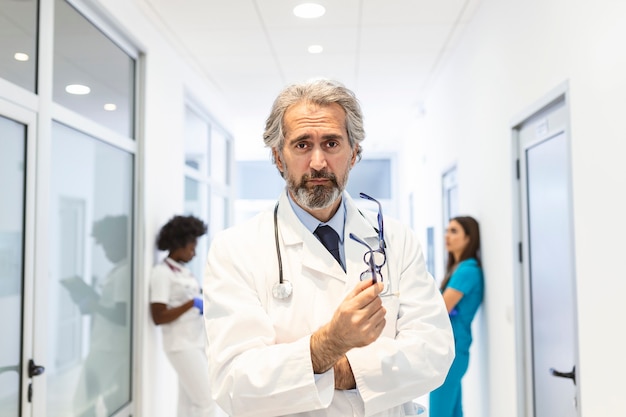 Lekarz pozuje z rękami skrzyżowanymi na korytarzu szpitala, personel medyczny w tle.