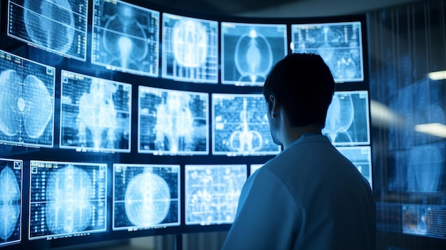 Lekarz przyszłości wykorzystuje zaawansowane holograficzne skanowanie choroby komórek mózgowych pacjenta oraz skanowanie diagnostyczne AI Generative