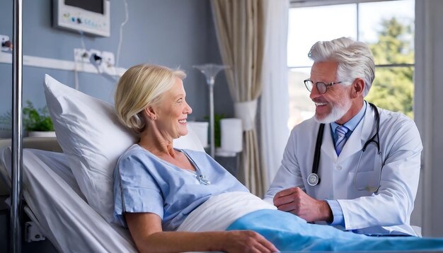 Lekarz rozmawia ze starszą kobietą na szpitalnym łóżku