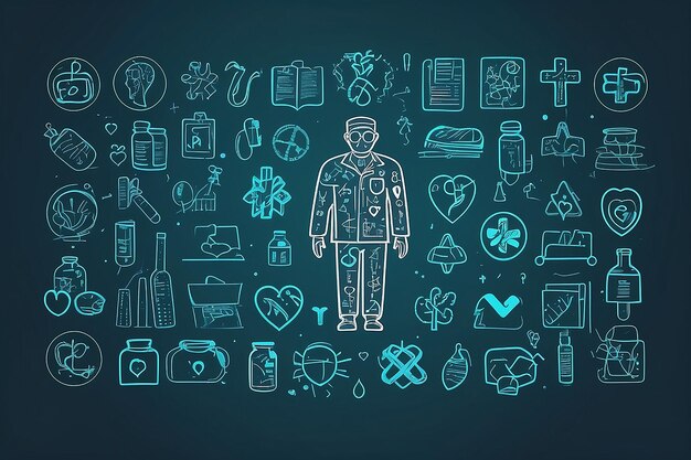 Zdjęcie lekarz rysuje ikony medyczne koncepcja zdrowia wektor