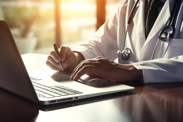 Zdjęcie lekarz stetoskop pracujący medycyna klinika praca leczenie szpitalne lekarz ręka zdrowie laptop