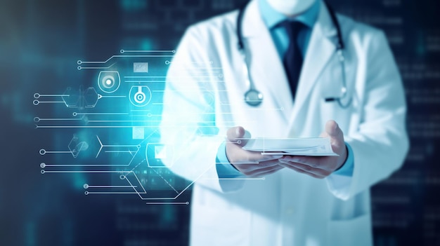 lekarz trzyma ikonę zdrowia i elektronicznej dokumentacji medycznej