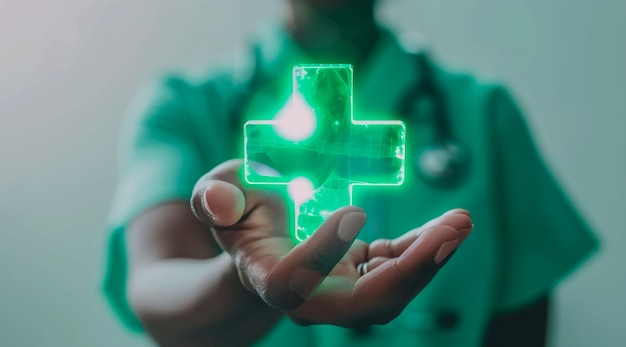 Zdjęcie lekarz trzyma w rękach piktogram zielonego krzyża, symbol zdrowia.