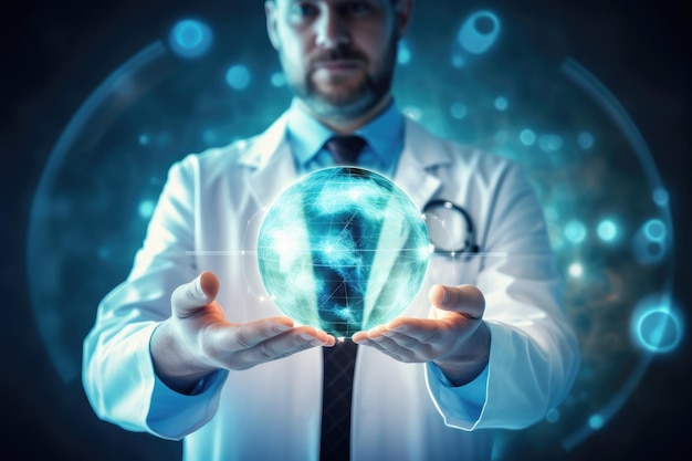 Lekarz trzyma wirtualną planetę w rękach Innowacja telemedyczna 5G przekształca opiekę nad pacjentami