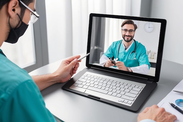 Zdjęcie lekarz udzielający konsultacji medycznych przez telefon i rozmowę wideo