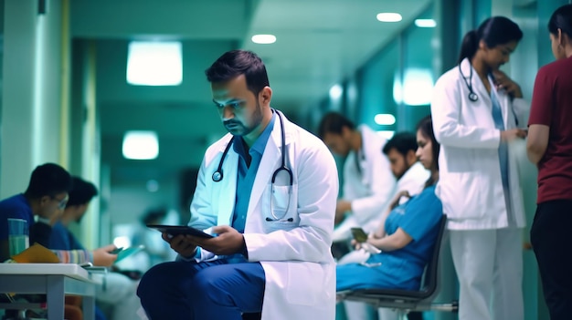 Lekarz używający tabletu cyfrowego w poczekalni w ciepłych kolorach i rozmyciu ruchu