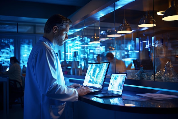 Lekarz używający urządzeń cyfrowych z interfejsami dotykowymi w futurystycznym świecie do badań medycznych i diagnostyki globalna sieć medyczna duże centrum danych