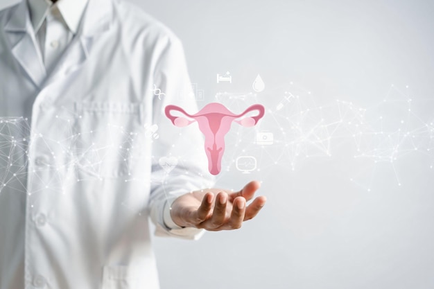 Zdjęcie lekarz w białym fartuchu trzymający wirtualny układ rozrodczy macicy zdrowie kobiety pcos jajnik ginekologiczny i rak szyjki macicy zdrowa kobieca koncepcja