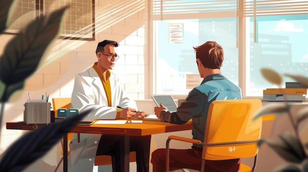 Lekarz w białym płaszczu konsultuje się z pacjentem w biurze siedzący przy stole i badający dane medyczne na tabletu generatywny AI