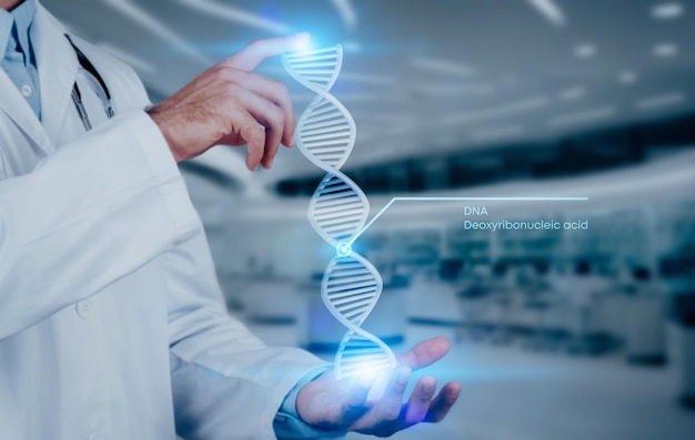 Lekarz w białym płaszczu trzyma przestrzeń do kopiowania łańcucha DNA.
