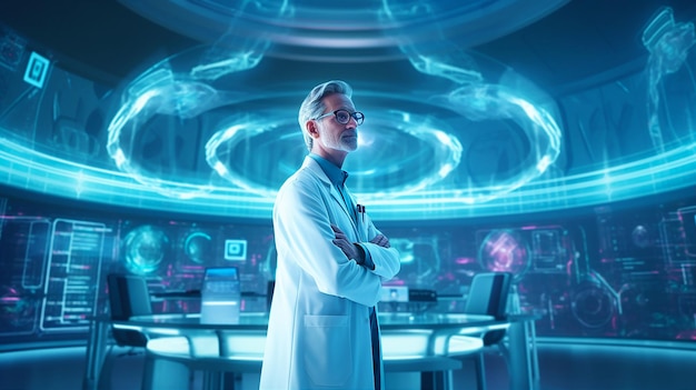 Zdjęcie lekarz w futurystycznej sali szpitalnej w okularach