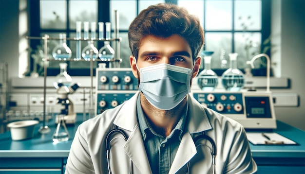 Lekarz w mundurze i masce ochronnej na stacji laboratoryjnej chemii