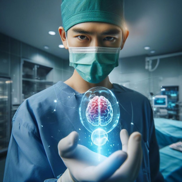 Zdjęcie lekarz w sali operacyjnej i układzie mózgu technologia hologramów graficznych generatywna ai art