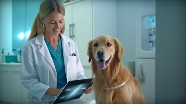 Lekarz weterynarii ocenia stan zdrowia zwierzaka rasy golden retriever na tablecie za pomocą XRay i generatywnej sztucznej inteligencji we współczesnej klinice weterynaryjnej