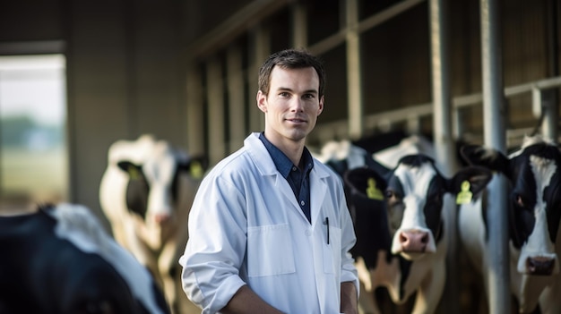 Lekarz weterynarii stoi przed krowami i uśmiecha się do kamery Stworzony przy użyciu technologii Generative AI