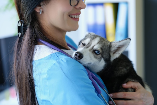 Lekarz weterynarii trzyma małego psa husky z problemem oka