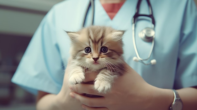 Lekarz weterynarii trzymający w dłoniach kotka