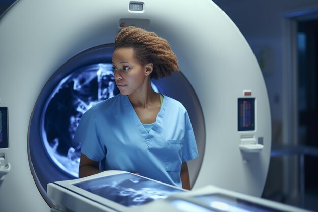 Zdjęcie lekarz wysyła pacjenta do aparatu tomograficznego do skanowania ciała