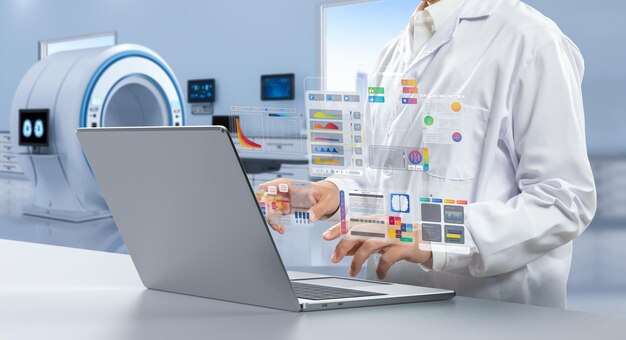 Zdjęcie lekarz z wyświetlaczem interfejsu graficznego w pokoju szpitalnym z maszyną do skanowania mri