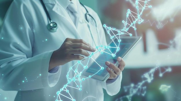 Lekarz zajmuje się futurystycznym cyfrowym systemem dokumentacji medycznej za pomocą urządzenia przenośnego Cyfrowa opieka zdrowotna i połączenie sieciowe na hologramie nowoczesny wirtualny interfejs ekranu