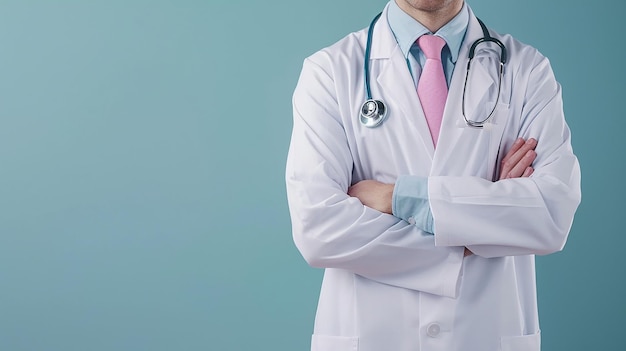 Lekarz ze stetoskopem na szyi stoi na niebieskim tle