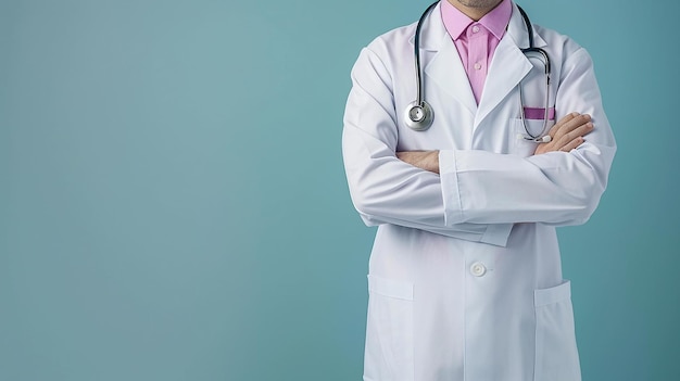 Lekarz ze stetoskopem na szyi stoi na niebieskim tle