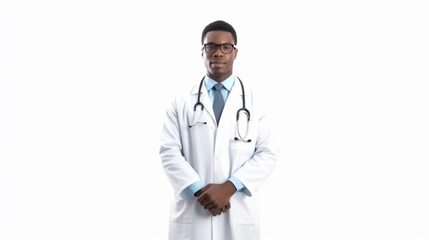Lekarz ze stetoskopem na szyi stoi przed białym tłem