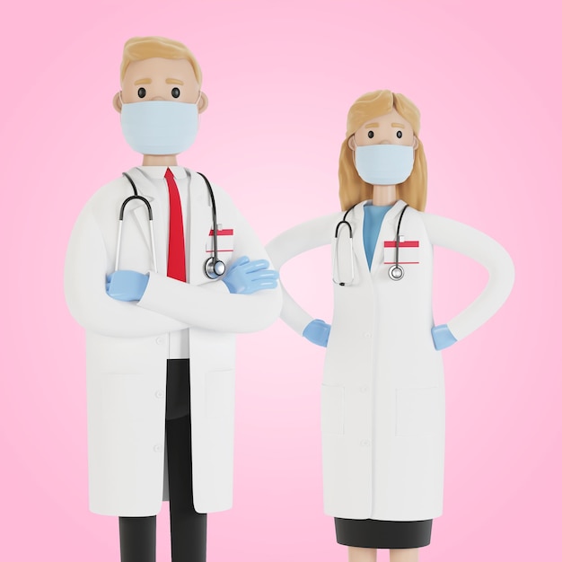 Lekarze mężczyzna i kobieta w maskach i rękawiczkach Ilustracja 3D w stylu kreskówki