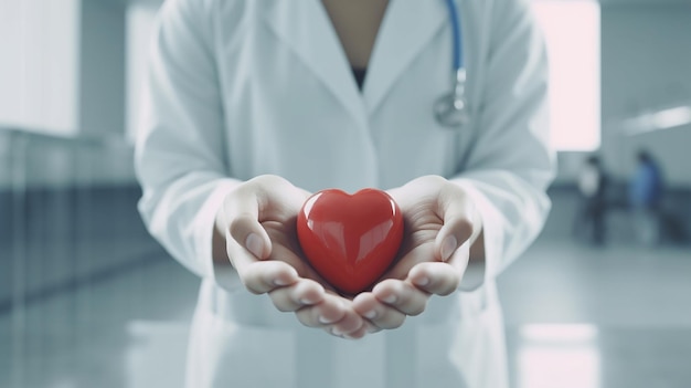 lekarze trzymają kształt czerwonego serca w szpitalnym tle wykonanym przez generatywną sztuczną inteligencję