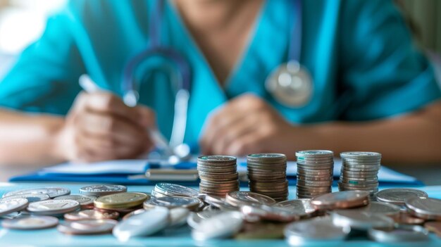 Zdjęcie lekarze używają kalkulatora opłat za usługi, aby zaoszczędzić pieniądze na ubezpieczenia zdrowotne koncepcje kosztów leków