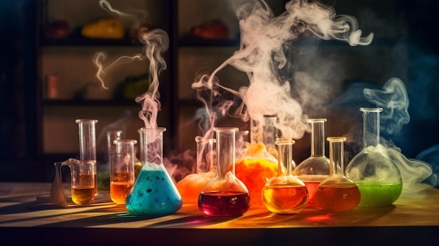 Lekcja chemii ze zlewkami i wydobywającym się z nich dymem