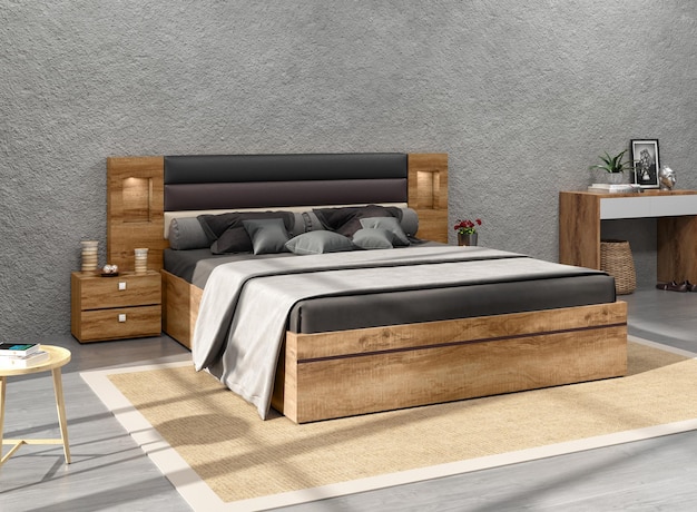 Lekka drewniana konstrukcja łóżka z ziarnami do domowej sypialni i renderowania wnętrz 3D