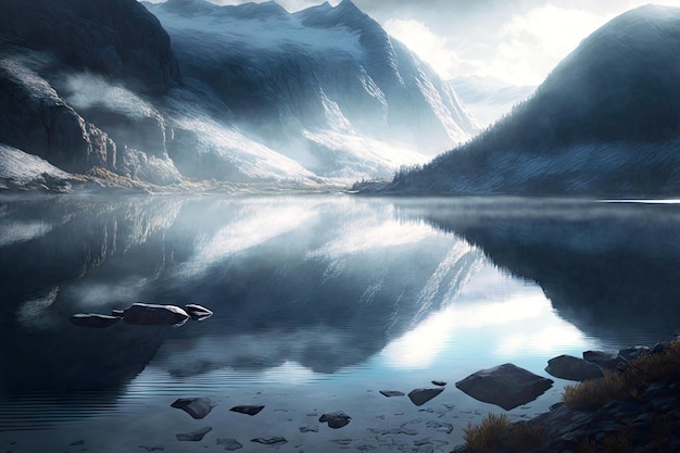 Lekka mgiełka nad powierzchnią czystego górskiego jeziora